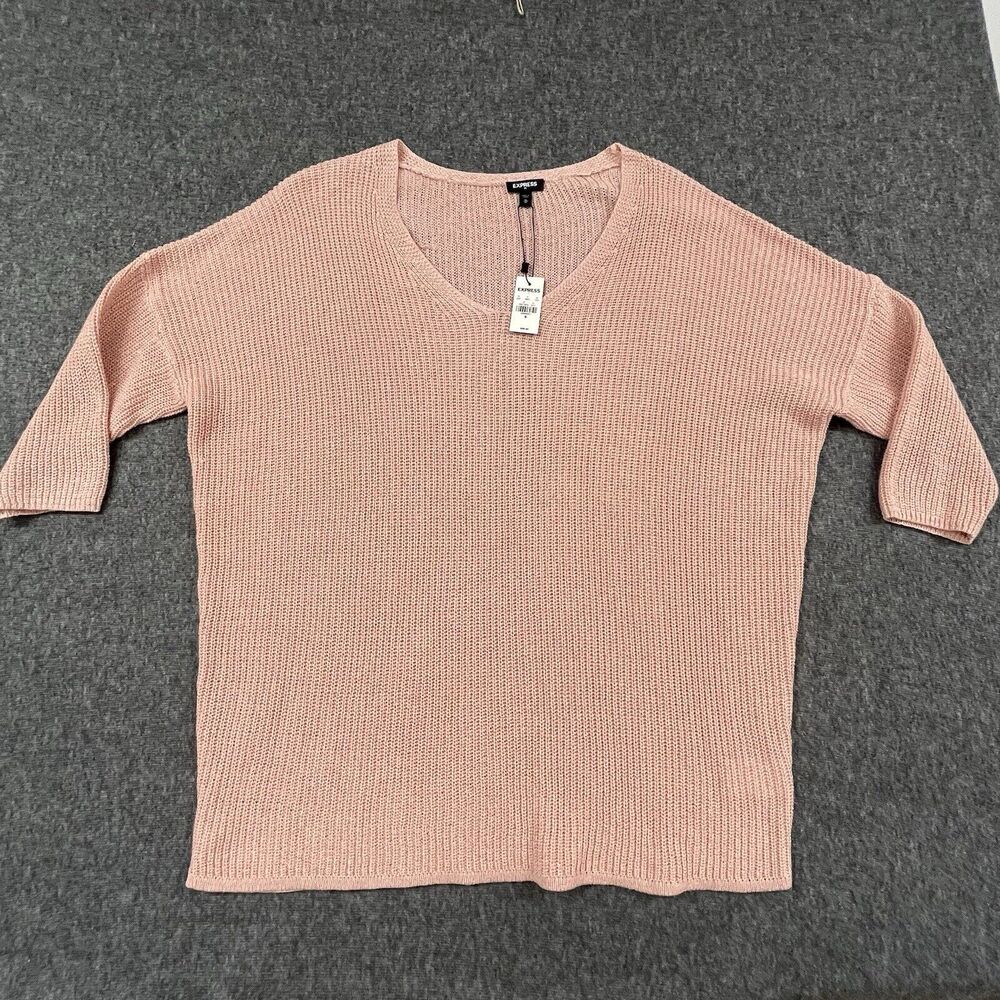 Express Knit Top Womens Medium 3/4 Sleeve Pullover Metallic Pink - New